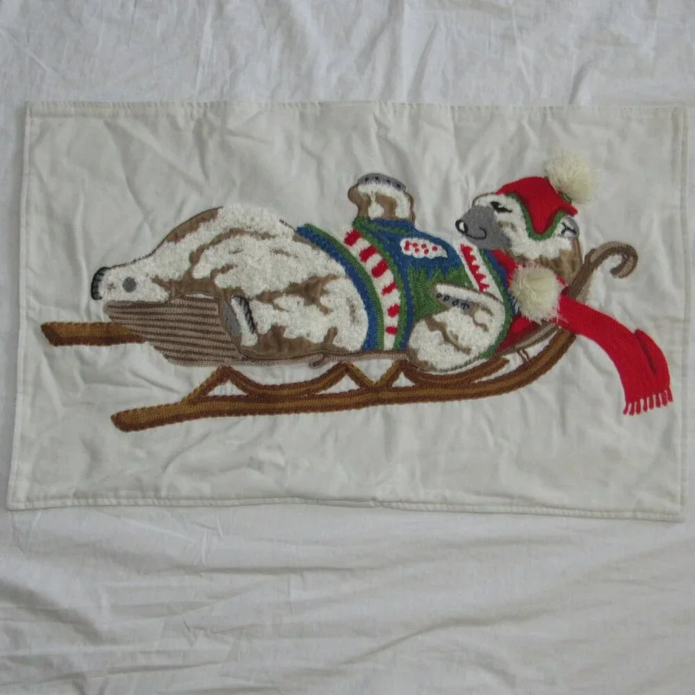 Pottery Barn Polar Bear Crewel Embroidered Holiday Sled Pillow Sham 26